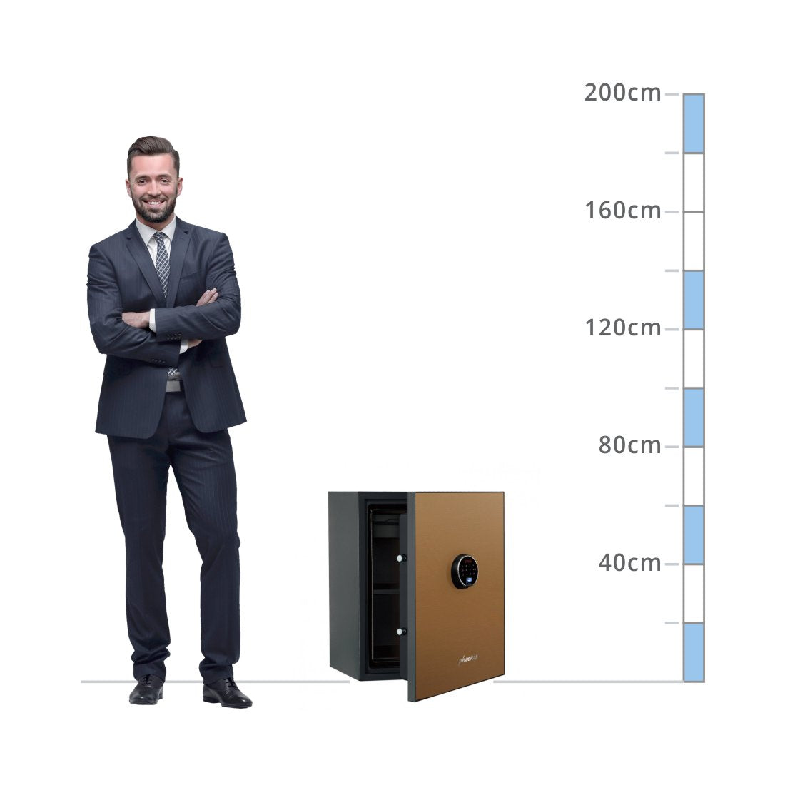 size chart for a Phoenix Spectrum Plus Size 2, Biometric Lock Luxury Gold Fire Safe